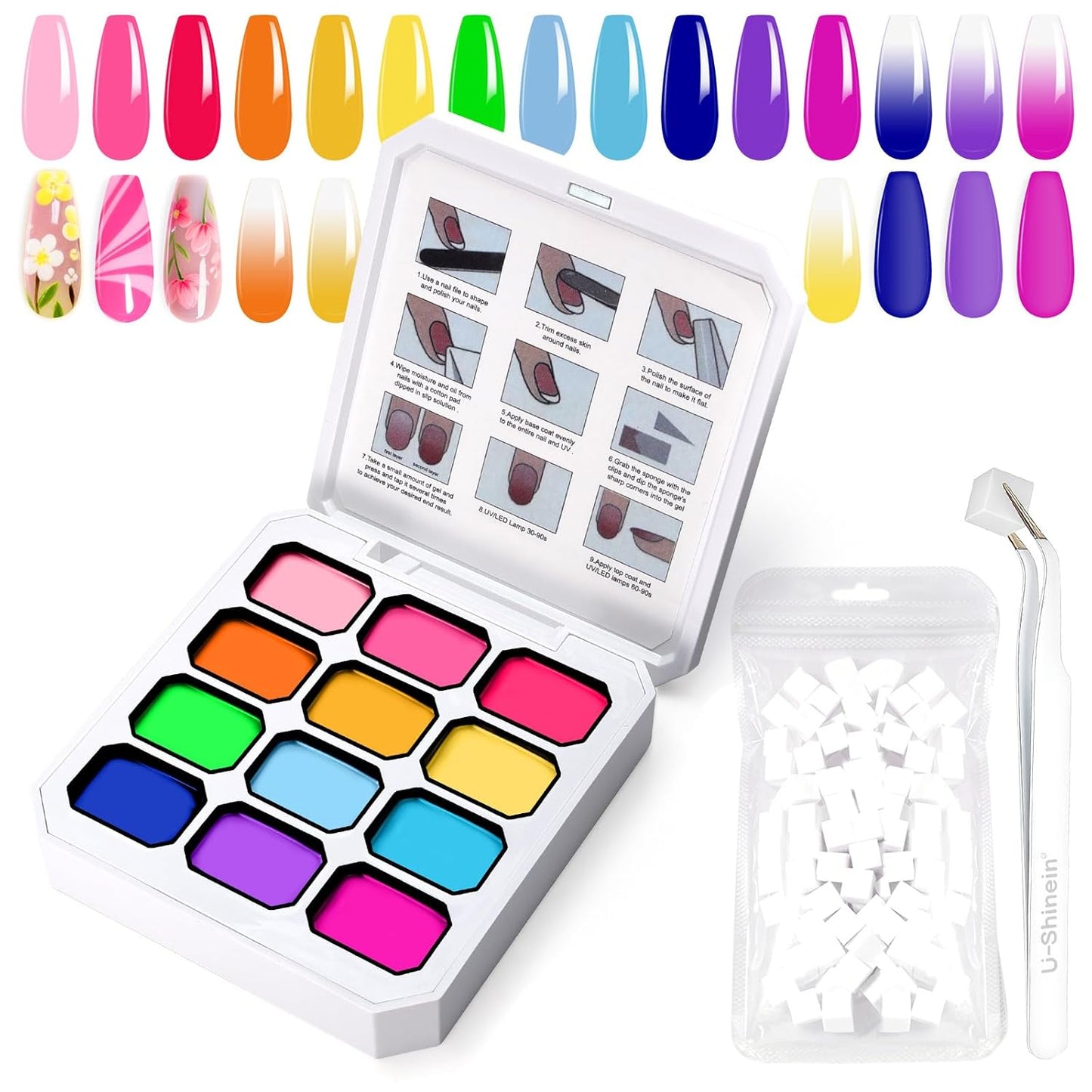 Gradient Painting Gel,12 Ombre Gel Nail Polish Kit with 100Pcs Nail Sponges & Tweezers Bright Color for Pigment Pat Nails French Manicure, Long-lasting Palette Mojito Sunrise Canvas