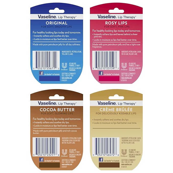 Vaseline Lip Therapy Rosy Lips, Cocoa Butter, Creme Brulee, Original - Vaseline Lip Balm, Tinted and Clear Lip Gloss Set, 2 of Each, 0.25 Oz Ea (8 Piece Set)