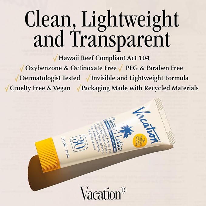 Vacation Mini Classic Sunscreen SPF 30, Water-Resistant, Bulk Suntan Lotion, Bachelorette Party Favors, Beach Must Haves, Traveling Essentials, Travel Size, 1 Fl. Oz. (Value Pack of 12)
