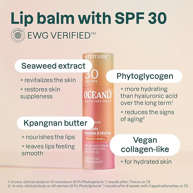 ATTITUDE Oceanly Tinted Lip Balm with SPF 30, EWG Verified, Plastic-Free, Broad Spectrum UVA/UVB Protection with Zinc Oxide, Vegan, Unscented, Peachy Shell, 0.3 Ounce
