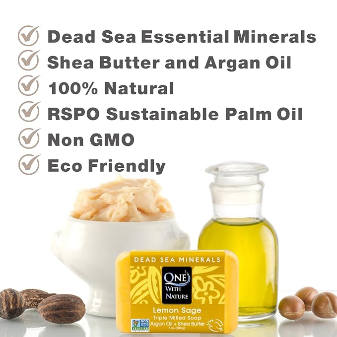 One With Nature Dead Sea Salt Lemon Sage Soap 4oz 3-Pack – Purifying and Exfoliating Soap Bar with Dead Sea Minerals for Face & Body, for Men & Women