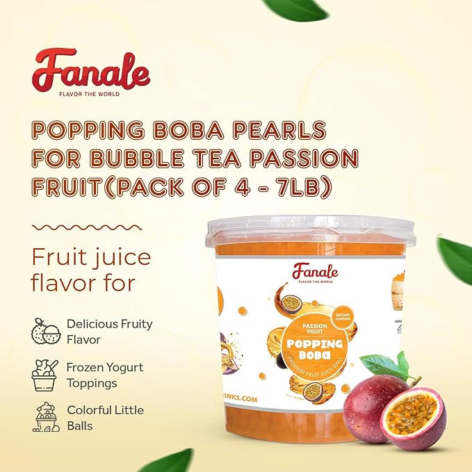 Fanale Popping Boba Pearls for Bubble Tea - 7 pound (Pack of 4) | Passion Fruit | Bursting Boba Pearls Bubble | Fruit Juice Flavor for Shakes, Dessert, Smoothie | FPB005-CS