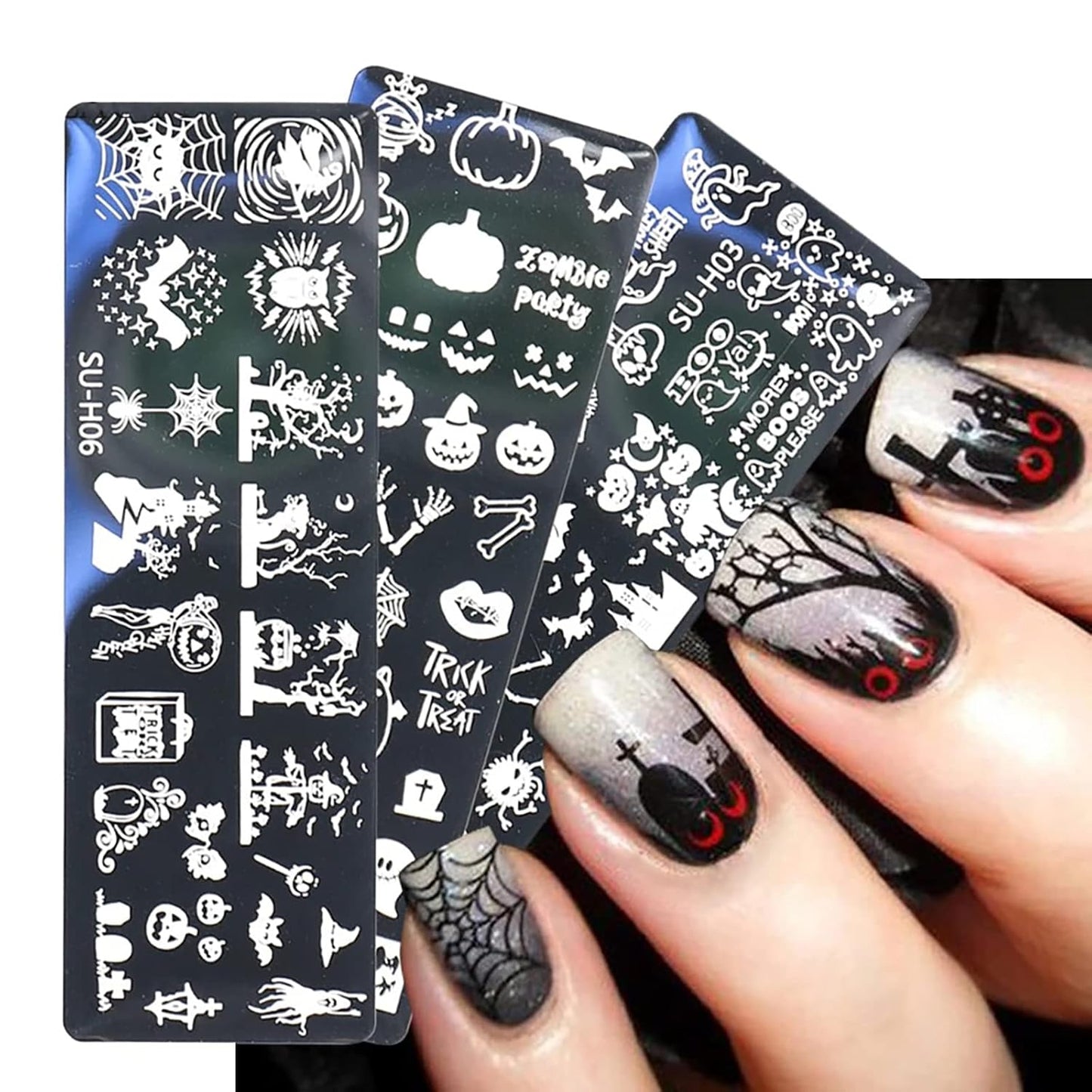 Halloween Nail Stamper Kit: 6 Pcs Stamp Template Plates with 1 Stamper, 1 Scraper - Horror, Ghost, Pumpkin, Skull, Bone Images - DIY Nail Art Set