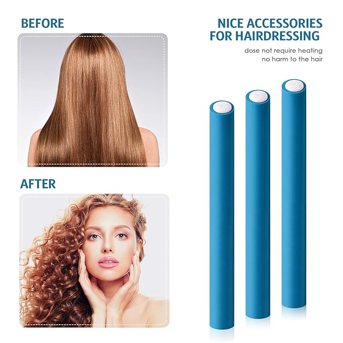 Syhood 30 Pieces Flexible Curling Rods Twist Hair Rollers Soft Foam Rods No Heat and 1 Pcs Steel Rat Tail Comb for Women Long and Short Hair(7 x 0.7 Inch,Blue)