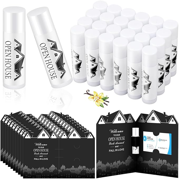 25 Pcs Open House Lip Balm with Cards Real Estate Agent Supplies Lip Moisturizer Moisturizing Lip Balm Bulk Moisturizing Lip Balm Stick for Open House Business Advertising Events