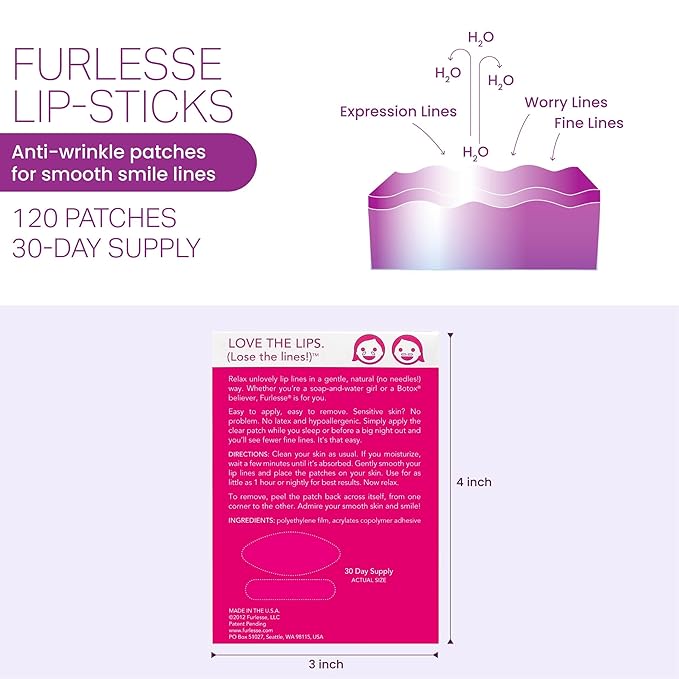 Furlesse Lip-Sticks Wrinkle Patches, Overnight Anti-Wrinkle Patches for Smile Lines, Fine Lines, and Expression Lines, Non-invasive Lip Patches, Anti-aging Skincare, 120 Patches, 30-Day Use