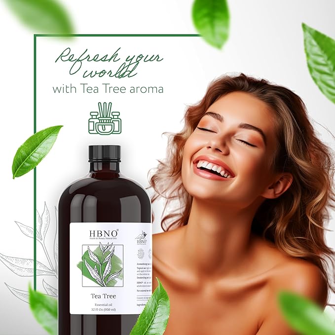 HBNO Tea Tree Oil - Huge 32 oz (950ml) Large Size - Ideal for Diffusers, Cleaning Agents, Deodorizers, and Flavoring Agents.