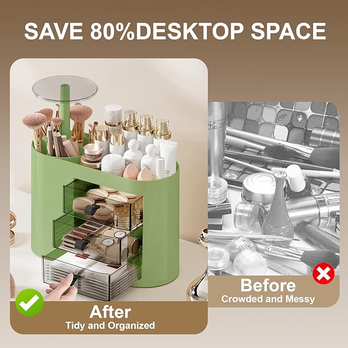 DASITON Makeup Organizer with 3 Drawers,Automatic Lifting Makeup Brush Holder with Lid,Large Capacity Makeup Organizers for Vanity,Bathroom Countertop,Ideal Storage Skin Care,Brushes,Lipstick (Green)