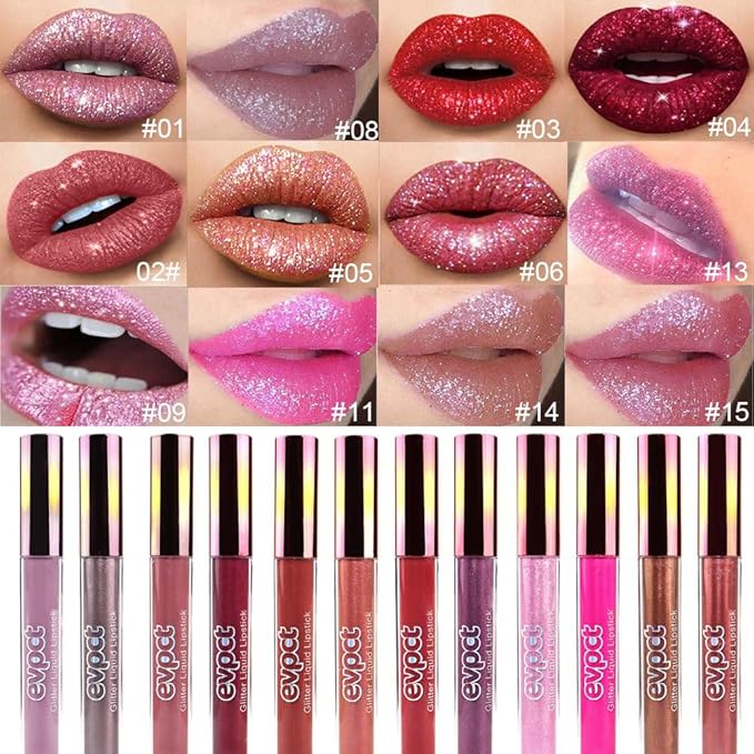 evpct 2Pcs Mauve Red & Bronze Gold Matte to Glitter Liquid Lipstick Long Lasting Lip Set Kit for Women Diamond Shiny Glitter Sparkly Glossy Metallic Shimmer Sparkle Waterproof Lipstick Lip Gloss 02+05