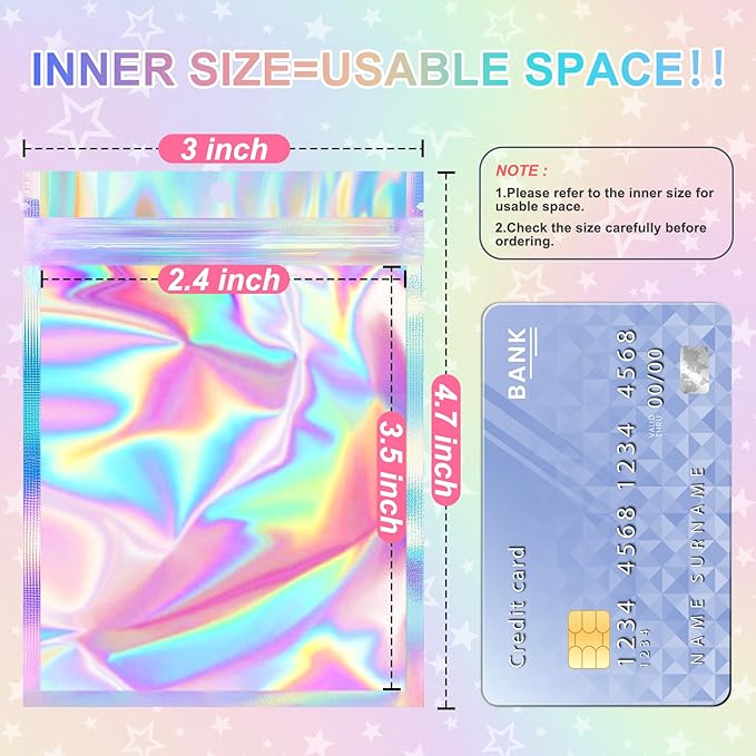 ANZNKU 100 Pack Mylar Bags Reasealable Holographic Bags, Smell Proof Bag Zipper Pouches with Clear Window, Jewelry Candy Sealable Bag for Packaging Sample Party Favor (3 x 4.7 Inch)