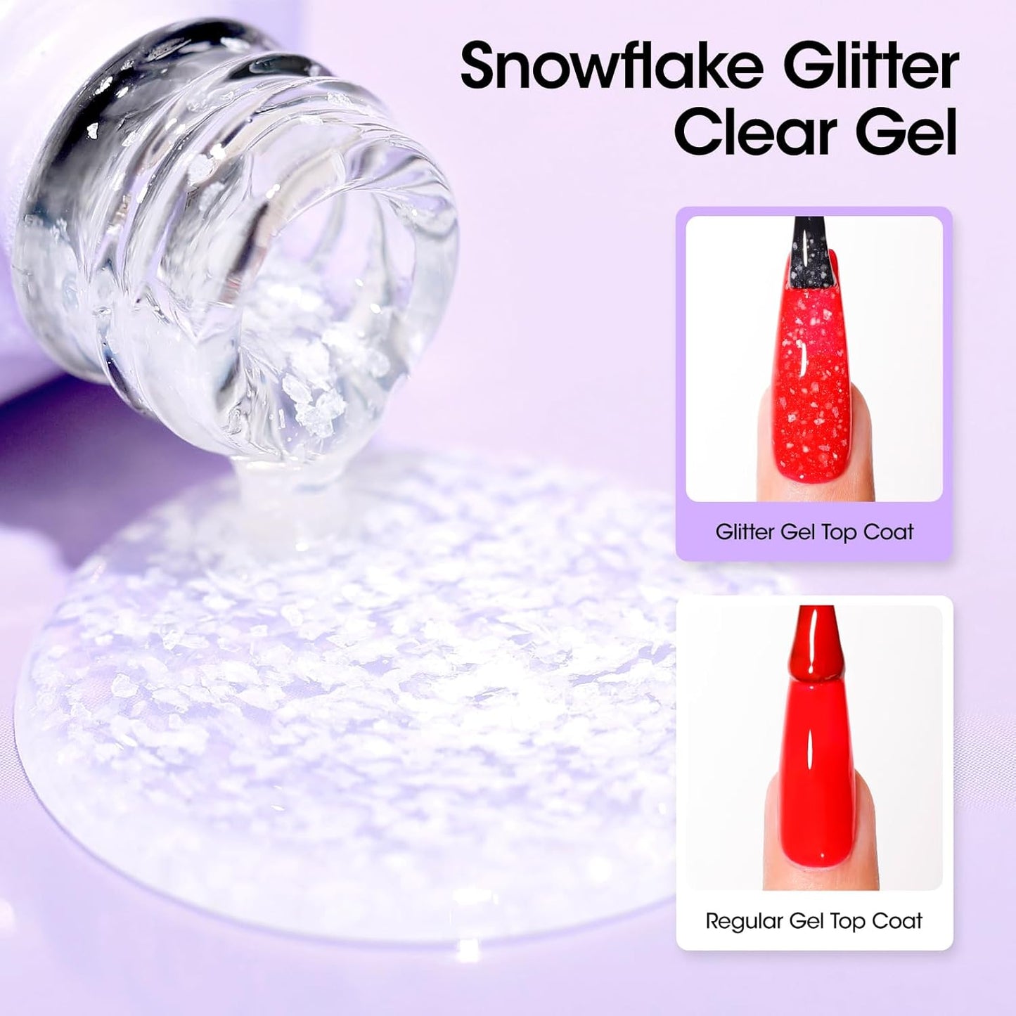 GELLEN Glitter Gel Top Coat, Snowflake Top Coat Nail Polish, Soak off Clear Glossy No Wipe Gel with Shimmer Finish, UV/LED Lamp Needed, Manicure Nail Art Gift for Halloween/Christmas/New Year