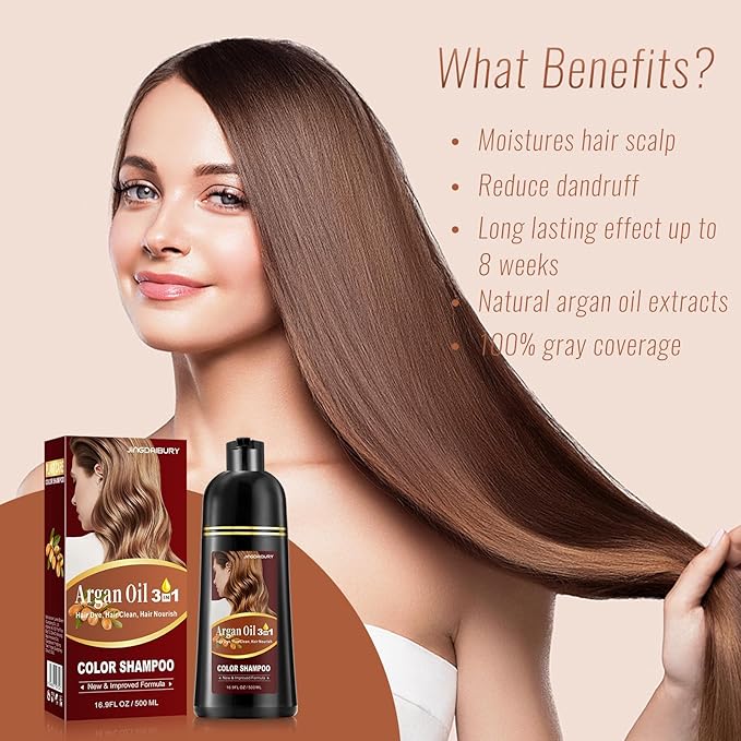 Chestnut Brown Hair Dye Shampoo with Argan Oil for Men & Women, 3 in 1 Semi-Permanent Formula, 16.9 Fl oz - Easy to Use, Covers Gray Hair