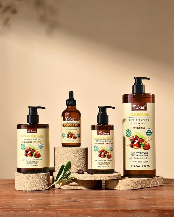 Yoken USDA Organic Jojoba Oil Cold Pressed 8 fl oz, 100% Pure & Natural Unrefined Jojoba Oil for Face Hair & Skin Massage, Hexane Free, Deeply Moisturizing Body Carrier oils Multi-Purpose Serum