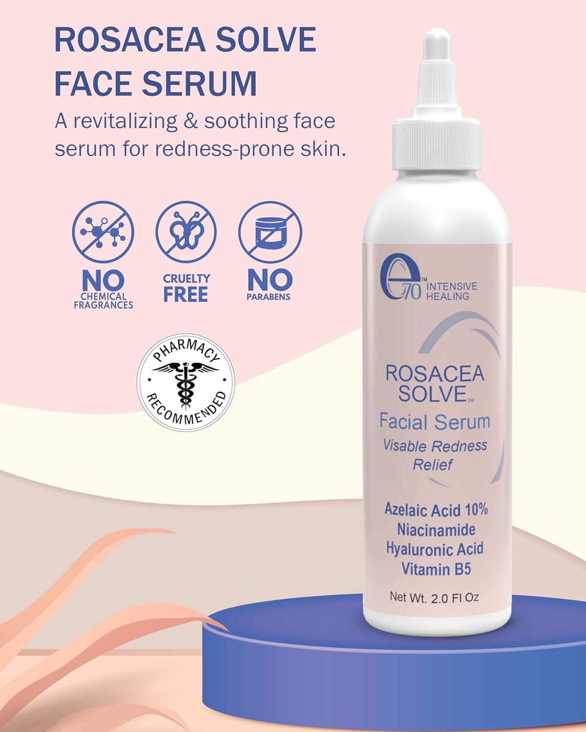 Rosacea Treatment Skincare Face Serum for Women & Men - Gentle Face Serum Moisturizer Redness Reducing Skin Care with 10% Azelaic Acid, Made in USA by e70 (2 fl. oz)