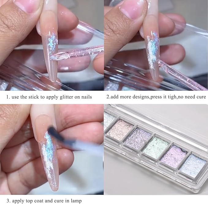 Iridescent Nail Glitter Set, 6 Colors Mud Texture Aurora Chrome Powder, Pink Blue Pearlescent Glitter, Chameleon Nail Flakes Gold Leaf, Holographic Manicure Decor