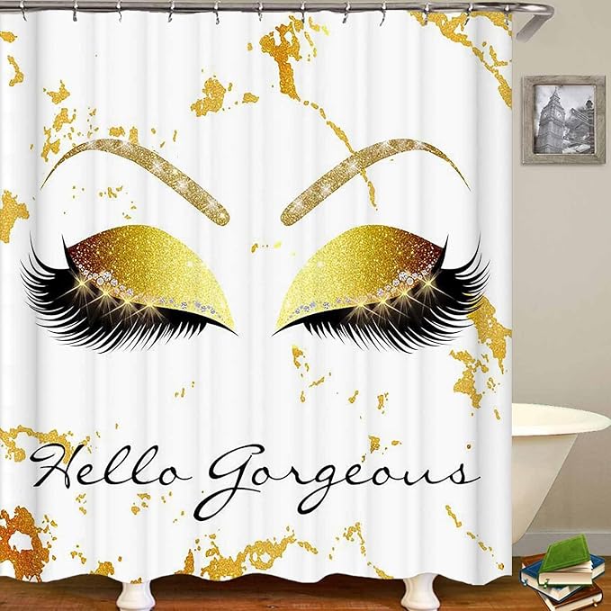 4PCS Hello Gorgeous Unicorn Eyelash Shower Curtain Set with Rugs, Luxury Diamond Gold Glitter Eyebrow Eyeshadow Makeup White Marble Glam Modern Fashion Women Bathroom Decor, Hello Gorgeous