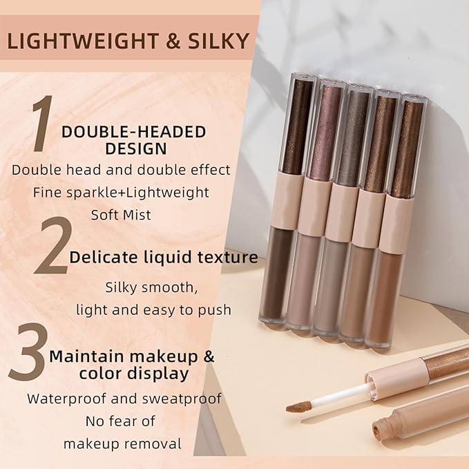 Liquid Eyeshadow Pencil, Earth Yellow Brown, 6-Color, Waterproof, Dual-End, Portable, Cruelty-Free