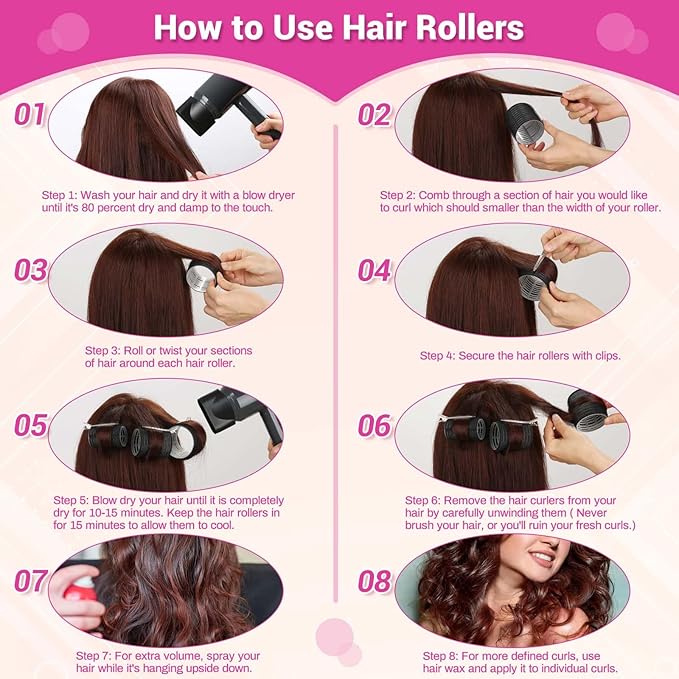 Rollers Hair Curlers 49 Pcs Set with 24Pcs Self Grip Hair Rollers 4 Sizes and 24 Pcs Hair Clips for Blowout Look Long Medium Short Thick Hair Volume