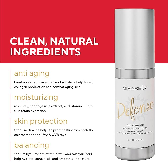 Mirabella Defense CC Creme Full Coverage Foundation with SPF 20, CC Cream Foundation with Sunscreen & Hyaluronic Acid, Oil Control with Salicylic Acid - Medium