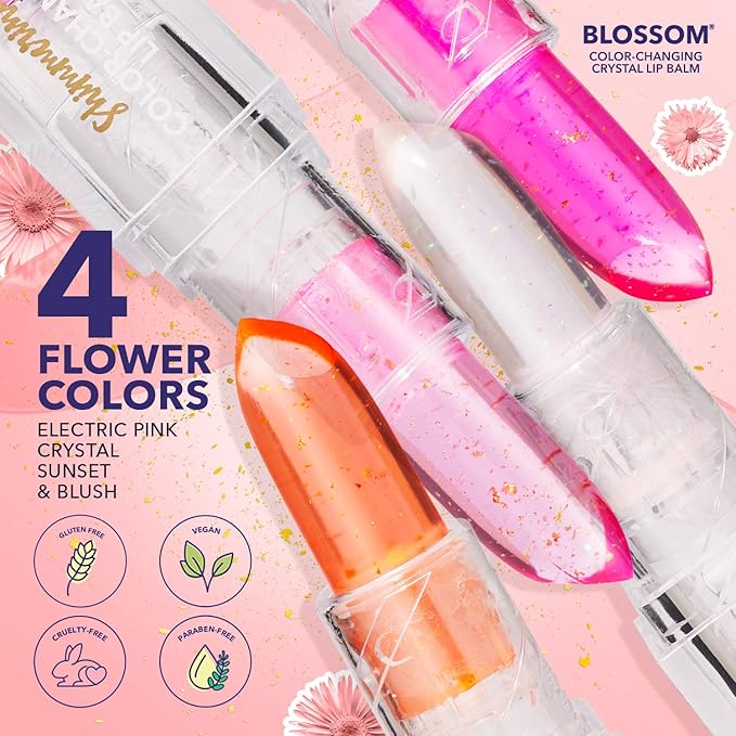 Blossom Moisturizing Color Changing Shimmering Lip Balm Sparkle Lip Stain Tint, Infused with Real Flowers, 3g, Electric Pink