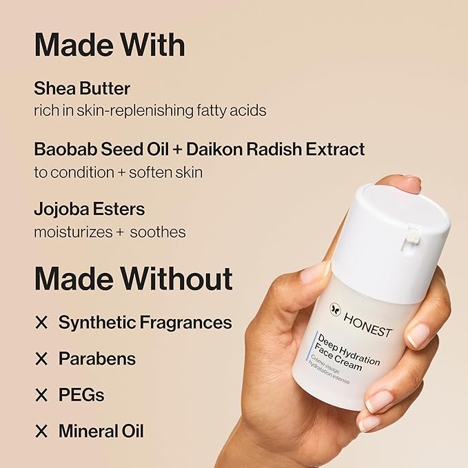Honest Beauty Deep Hydration Face Cream for Dry Skin | Hydrates + Supports Natural Moisture Barrier | Hypoallergenic + Gentle for Sensitive Skin | 1.7 fl oz