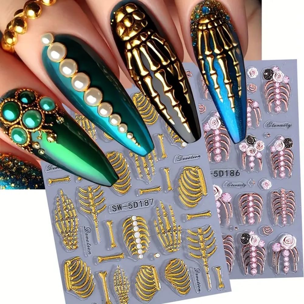 2 Sheets 5D Embossed Skull & Bone Nail Decals for Nail Art Self-Adhesive Halloween Nail Stickers Pink Hand Bone Rose Flower Nail Art Stickers Scary Gold Bones Design Decals for Women Nail Accessories