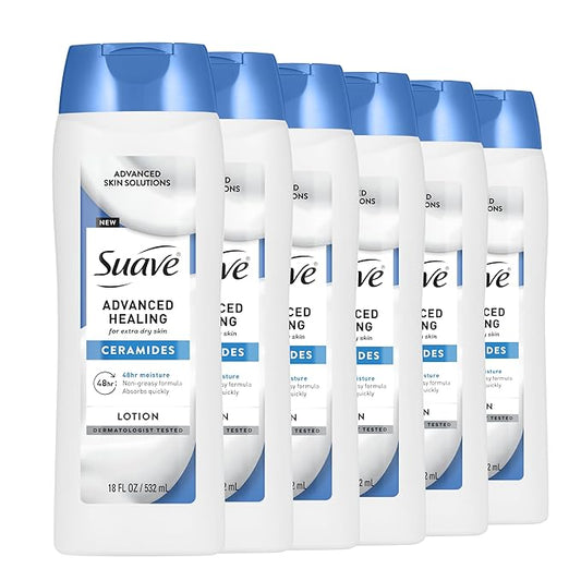Suave+ Advanced Healing Hand & Body Lotion for Women With Ceramides for Very Dry Skin, Hydrating, Non-Greasy, Allergen-Free Moisturizing Cream, Lightly Scented, 18 FL OZ, 6 Pack