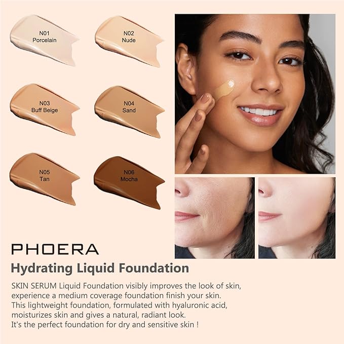 PHOERA Foundation Full Coverage,and Medium Coverage 2024 New PHOERA Foundation Makeup for Mature Skin, Lightweight Wrinkles Matte Natural Finish for a Flawless Complexion(105+N04/Sand+Sand)