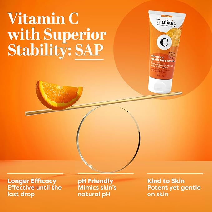 TruSkin Vitamin C Gentle Face Scrub - Brightening Daily Face Exfoliator for All Skin Types - Softens & Smooths Skin with Vitamin C, Yuzu Lemon, and Exfoliating Bora Bora White Sand - 4 Fl. Oz