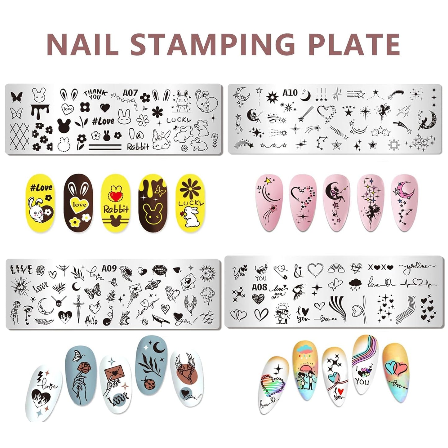 AddFavor Nail Stamper Kit 8pcs Nail Stamping Plates French Geometric Heart Star Image Nail Stencils with Silicone Stamp and Scraper for Women Girls Summer Nail Art Design Supplies Tools