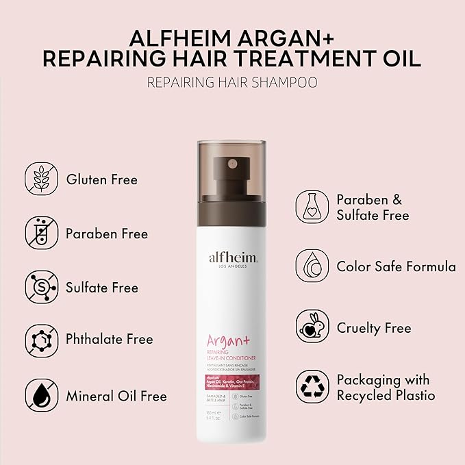 ALFHEIM Argan+ Repairing Leave-In Conditioner | Lightweight Hair Detangler & Anti-Frizz Spray | Moisturizing & Nourishing with Argan Oil, Keratin, Niacinamide | For Dry, Damaged, Frizzy Hair | 5.4 oz