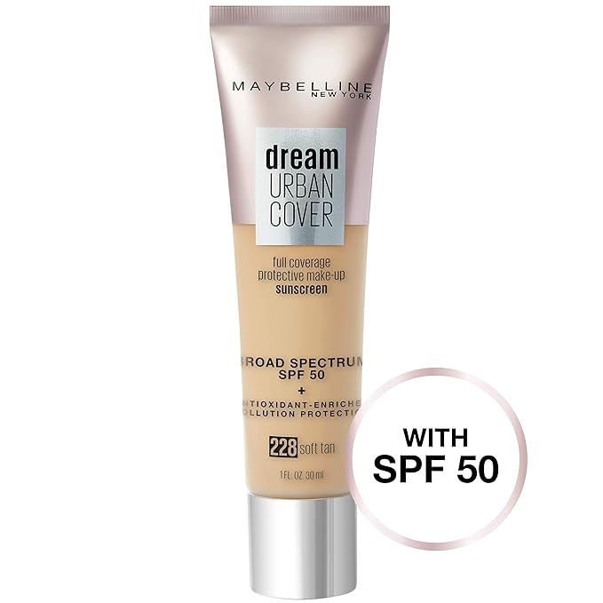 Maybelline Dream Urban Cover Flawless Coverage Foundation Makeup, SPF 50, Soft Tan