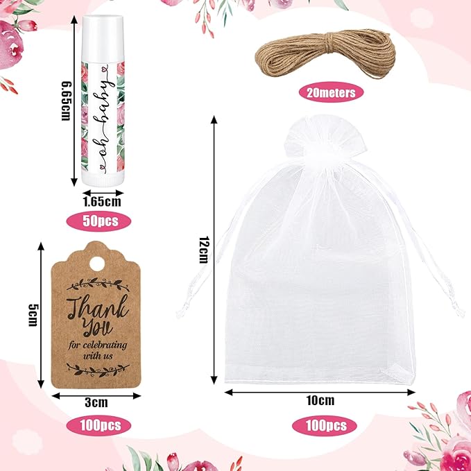 Demissle 50 Pcs Baby Shower Lip Balm Gift Set with 100 Pcs Organza Bags Baby Shower Party Favor for Guest Thank You Tag Rope Baby Shower Party Decoration Gender Reveal Souvenirs(Watercolor Flower)
