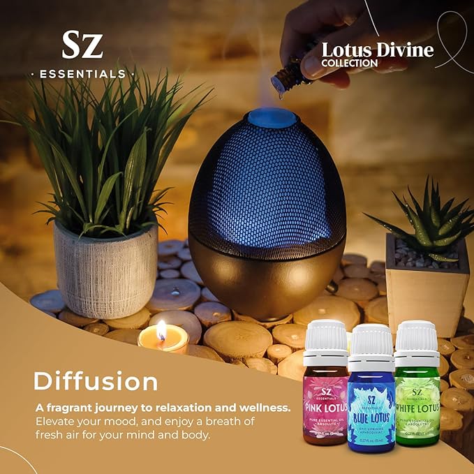 Divine Essential Oils Collection - Blue, Pink, White Lotus - Set of 3 Bottles (0.17 Fl Oz - 5ml Each) - 100% Pure, Natural & Undiluted - Therapeutic Grade & Vegan