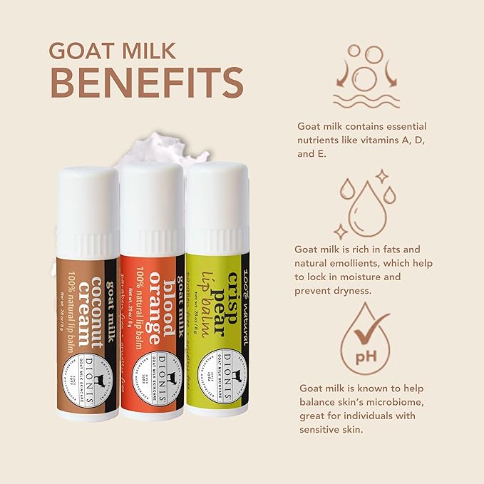 Dionis Goat Milk Skincare Fruity & Delicious Lip Balm Gift Set - Beeswax, Shea Butter & Coconut Oil Lip Care Products Made in The USA - Cruelty Free Lip Moisturizer For Dry Chapped Lips, 0.28oz 3 Pk