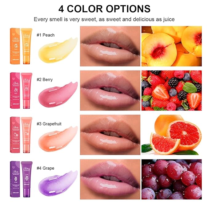 4Pcs Lip Glowy Balm | Lip Sleeping Mask | Plumping Lip Gloss | Tinted Lip Balm (Grape, Peach, Berry, Grapefruit)