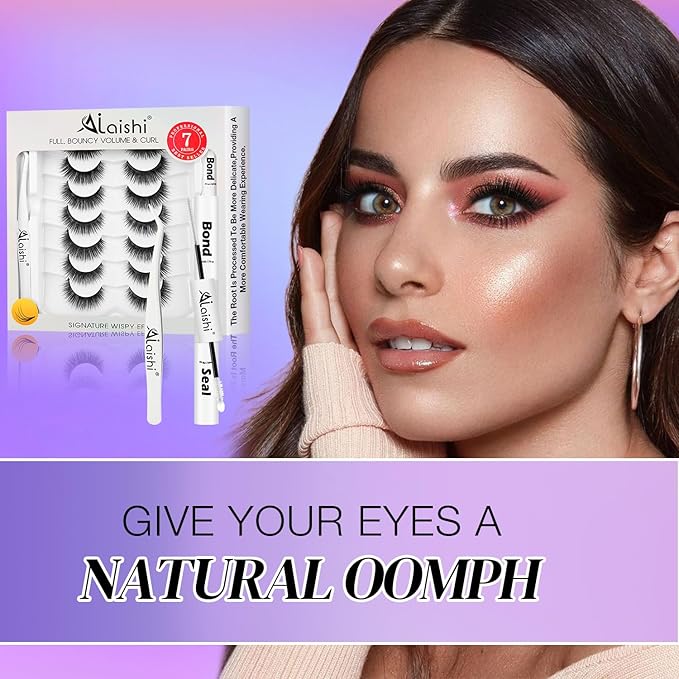 Wispy False Eyelashes Kit With Bond, Seal and Tweezer, 7 Pairs Natural Look Fake Cat Eye Lashes Strips Thin Band Extensions Waterproof Easy Eyelashes for Beginners RQ11