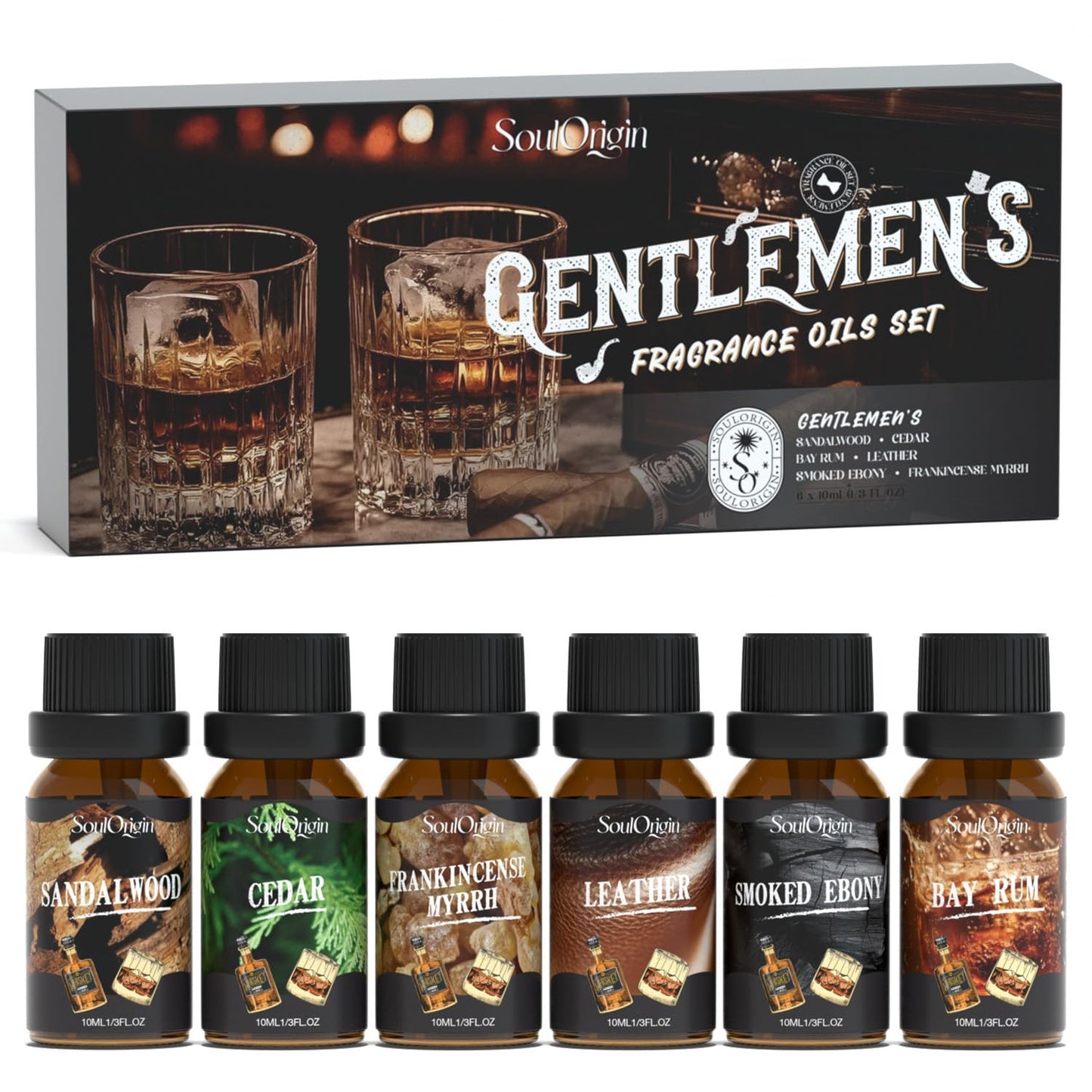 Gentleman Fragrance Oils Set, Essential Oil for Diffuser, Diffuser Oil, Use for Soap Candle Making, Sandalwood, Cedar, Rum, Leather, Smoky Oud, and Frankincense & Myrrh