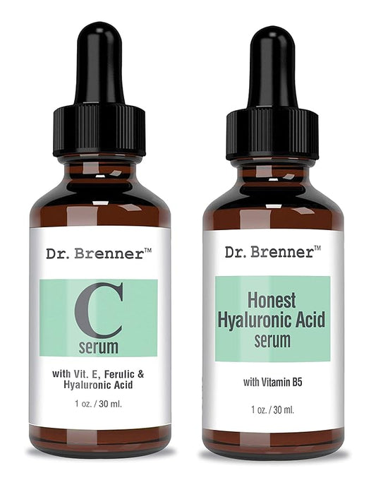 Vitamin C Serum 20% Pure L-Ascorbic Acid, Ferulic Acid, Vitamin E and HA and Hyaluronic Acid Serum with Vitamin B5 for Face and Eyes Natural Anti Aging Anti Wrinkle Set of 2 by Dr. Brenner