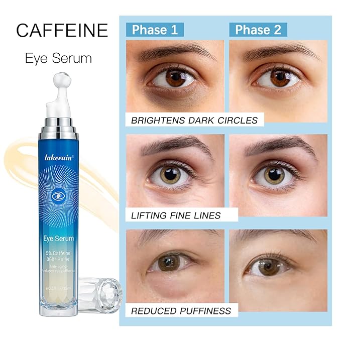 5% Caffeine Eye Serum with 360° Eye Massage Roller Eye Serum for Dark Circles & Relieve Puffiness, Reduce Wrinkles and Fine Lines, Eye Bags, Tighten Lifting Brightening Under Eye Cream-0.5 OZ