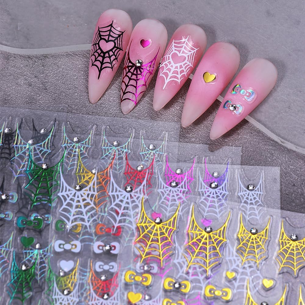 5D Halloween Heart Spider Web Nail Art Stickers - White, Black, Rainbow, Gold, Laser Silver Nail Decals with Rhinestone Accents, Self-Adhesive Nail Adhesive Sliders for Women Art Decorations 5 Sheets