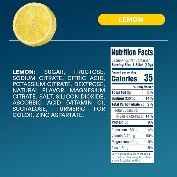 DripDrop Hydration Packets - Lemon - Single Serve Electrolytes Powder Drink Mix - Non-GMO, Gluten Free, Vegan - 32 Sticks