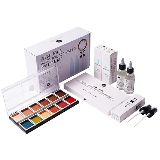 Flesh Tone Alcohol-Activated Palette, Activator, and Remover Kit, Professional SFX Makeup Set, Tattoo Cover