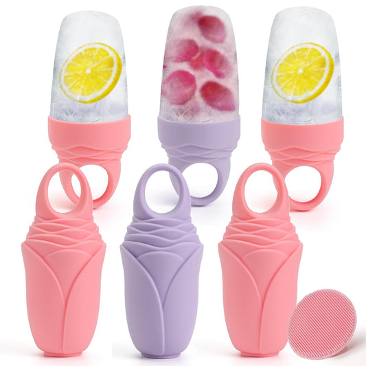 3 Pcs Facial Ice Roller Silicone Mold Reusable for Face Women and Eye Neck Cold Skin Care Tools Freezer De Puff Eye Bags Reduce Migraine Pain Pink 2 + Purple 1