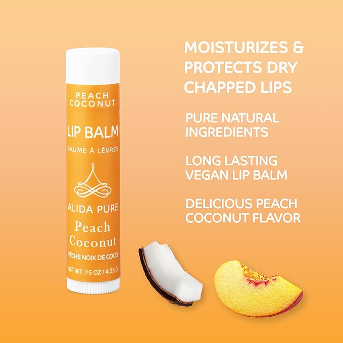 Peach Coconut Lip Balm Collection, Vegan Lip Balm Set, Lip Balm, Beeswax Free, with Avocado Oil, Organic Jojoba Oil, and Vitamin E, Natural Moisturizer for Dry, Chapped Lips, 3 Tube Set