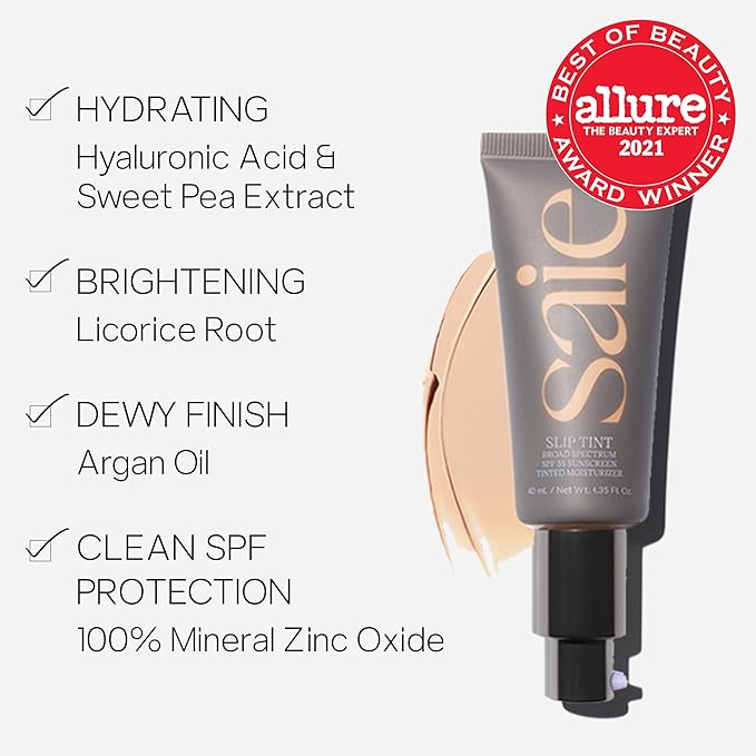 Saie Slip Tint Tinted Moisturizer with SPF 35 - Light Coverage, Glowy Skin Tint & Mineral Sunscreen for Face with Hydrating Hyaluronic Acid - Summer Makeup Essential - Shade Nine + Half (1.35 oz)