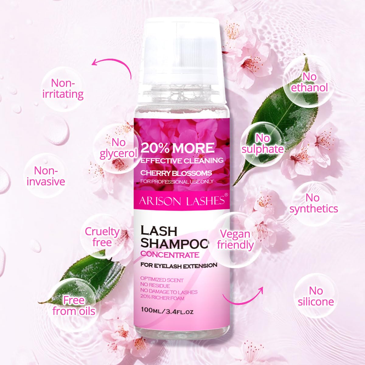 ARISON LASHES Lash Shampoo Concentrate for Lash Extensions 100ML Eyelash Cleanser Concentrate Oil-Free Eyelash Extension Shampoo with Salon Home Care(Cherry Blossom)