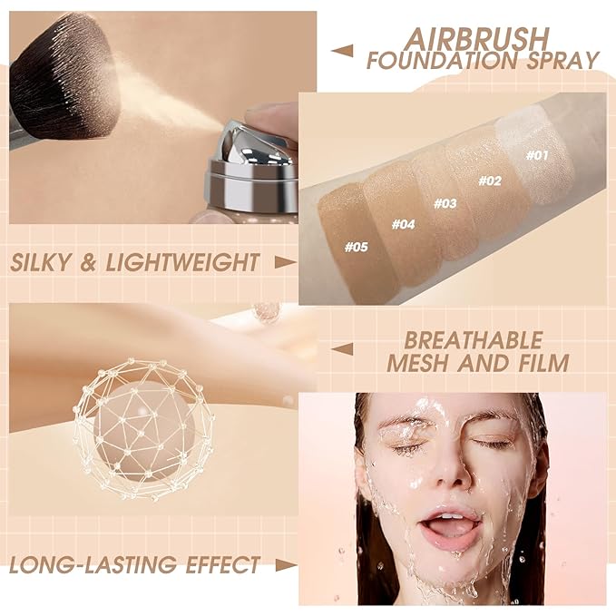 AirBrush Foundation Spray, Silky Mist Foundation Spray Makeup Set with Brush, Full Coverage Foundation for Smooth Radiant Finish, Formula Breathable Lightweight Hydrating | #05 Sand