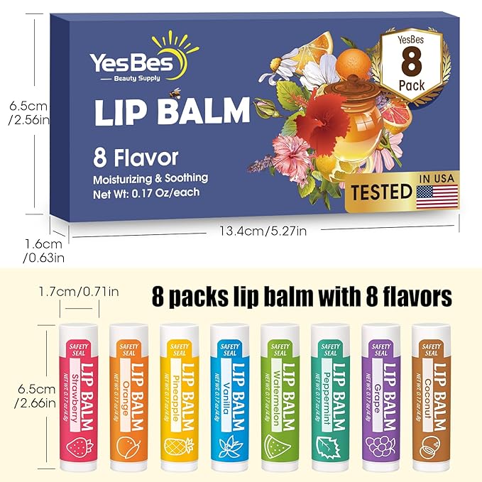 Lip Balm, 8 Pack Natural Bulk with Vitamin E & Coconut Oil, Moisturizing Dry Cracked Lips Protection, 8 Flavors - Stocking Stuffers