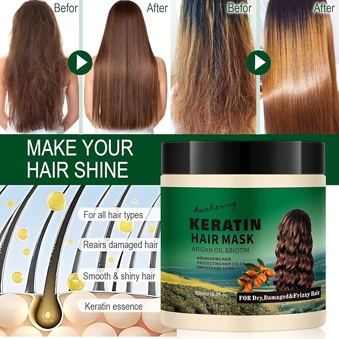 Hair Mask Deep Treatment Conditioner Collagen Protein Argan Oil Biotin Repair For Dry Damaged Frizzy Curly All Hair Types(16.9 Fl Oz/500ml) (keratin)